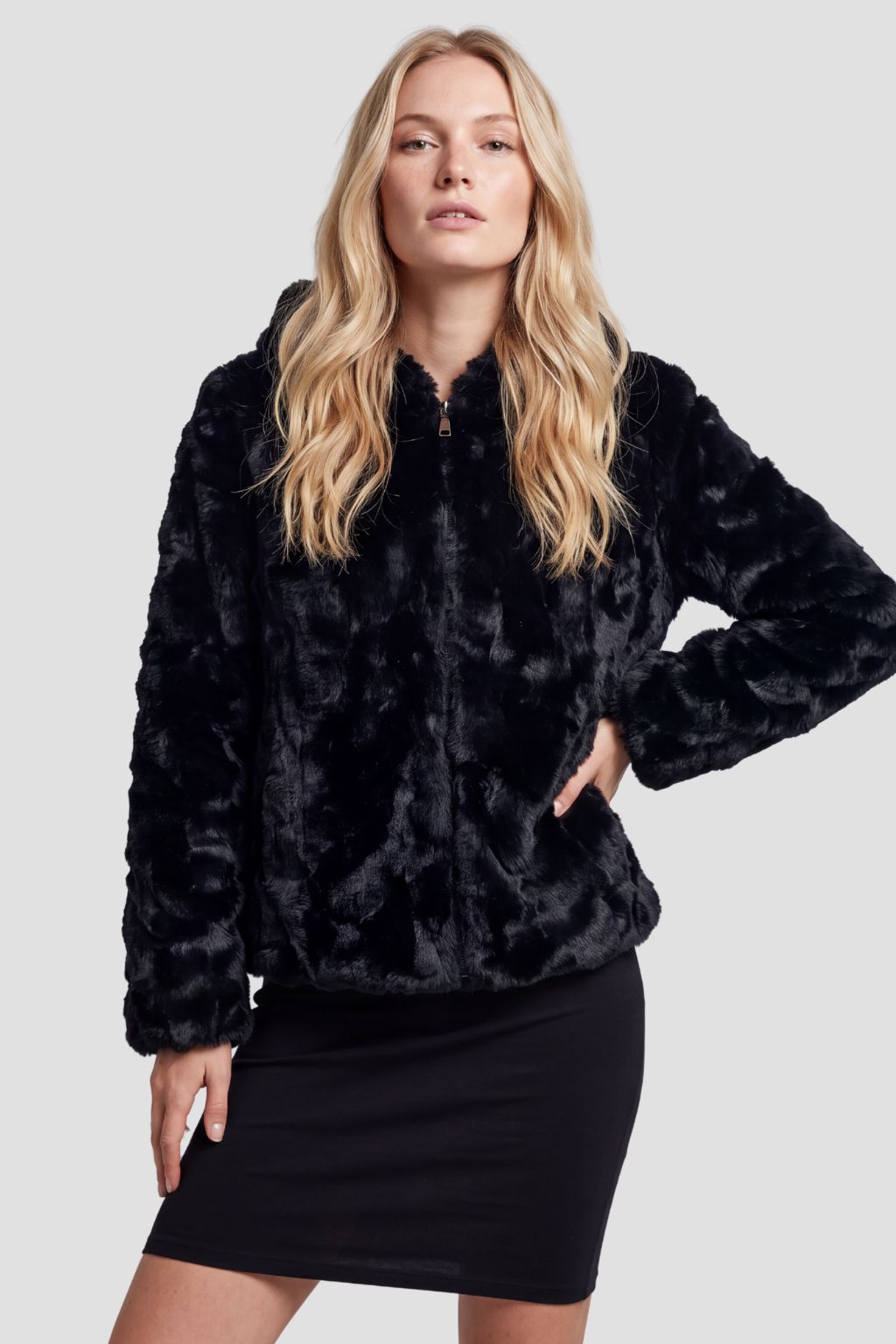 Blouson fourrure femme mi long noir Héritage fourrure