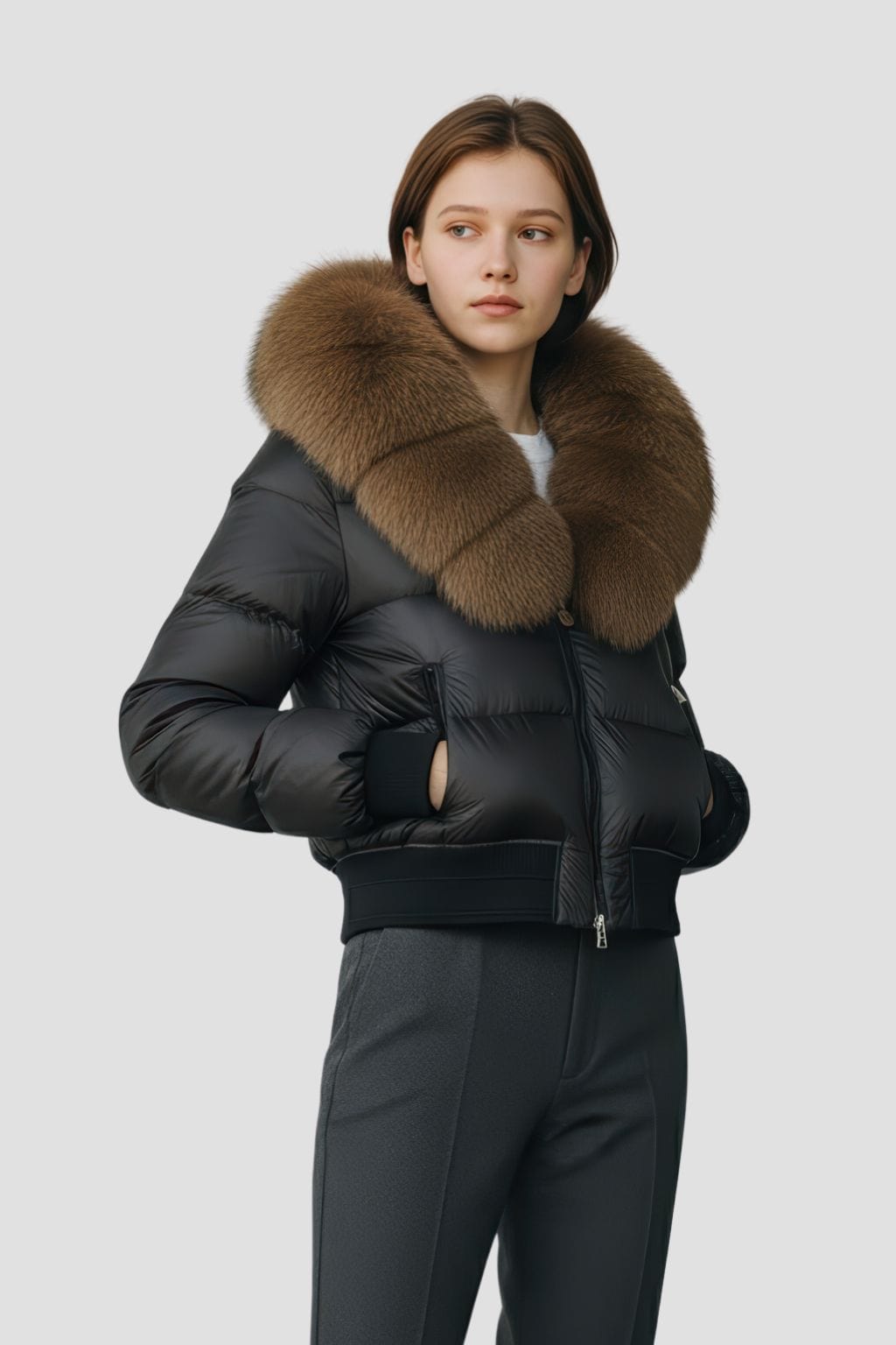 Doudoune à capuche en fourrure femme brun Héritage fourrure