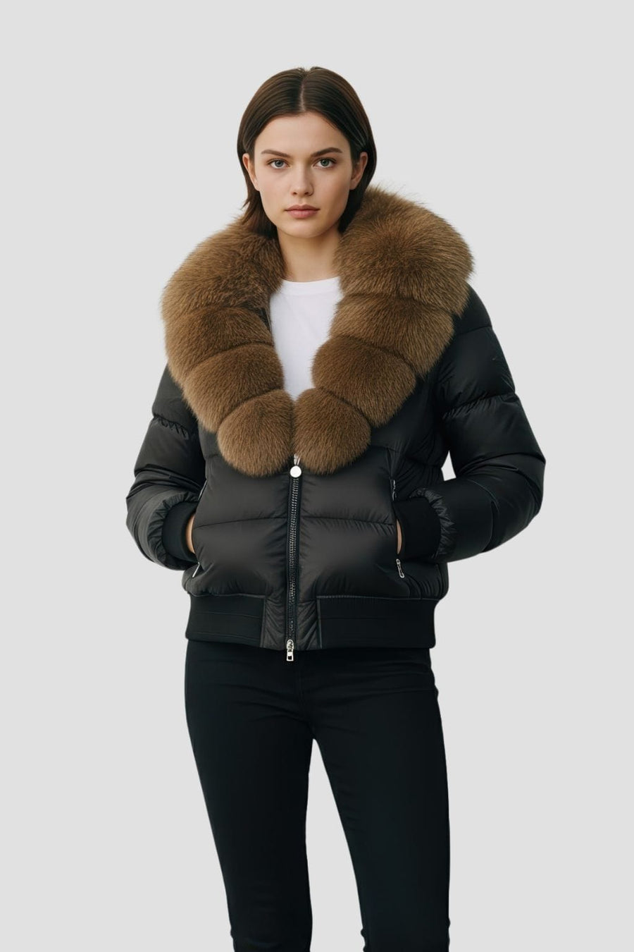 Doudoune à capuche en fourrure femme brun Héritage fourrure