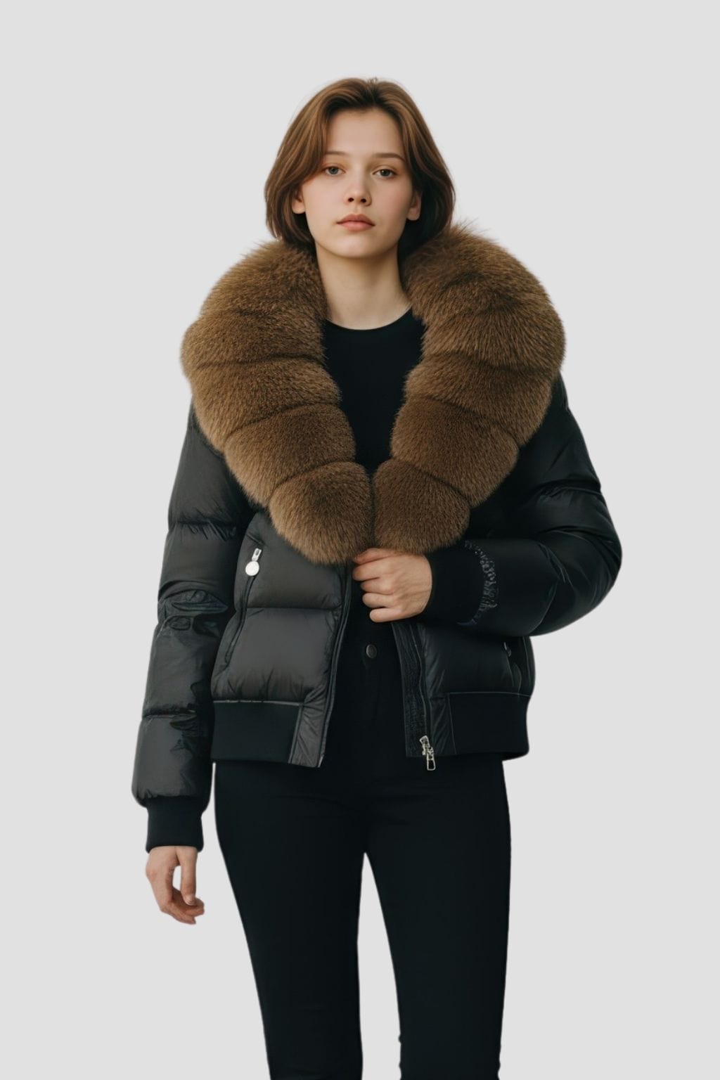 Doudoune à capuche en fourrure femme brun Héritage fourrure