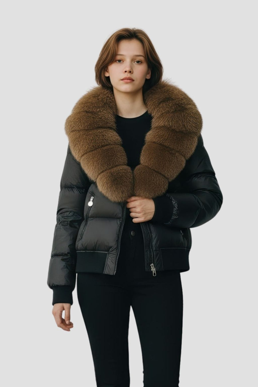 Doudoune à capuche en fourrure femme brun Héritage fourrure