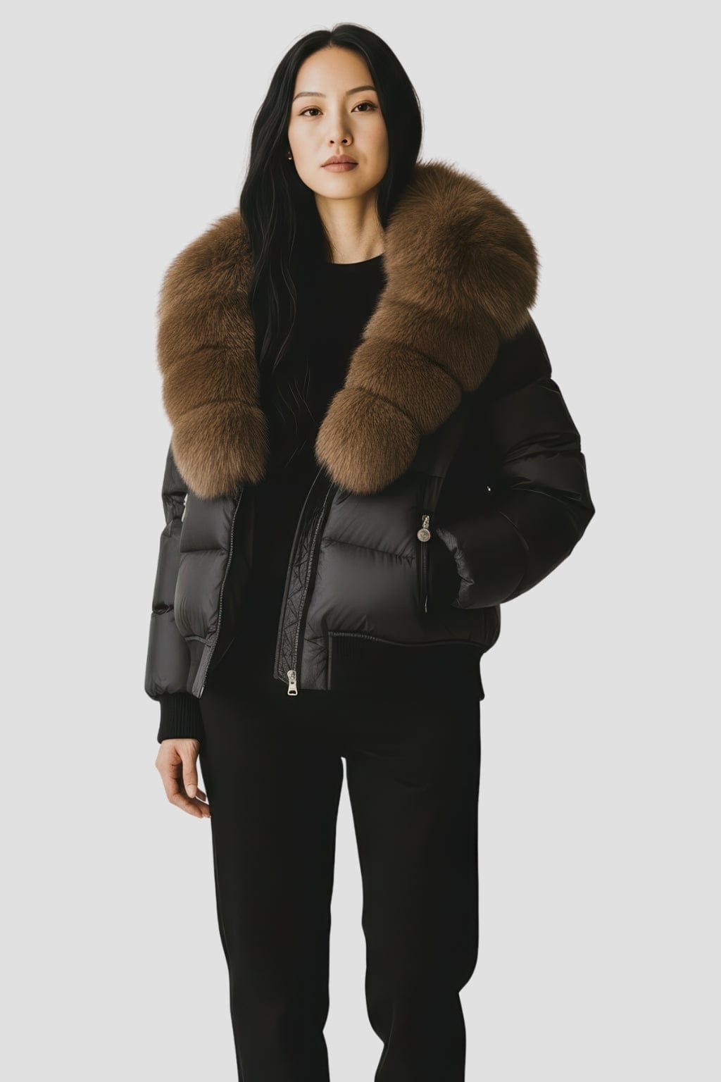 Doudoune à capuche en fourrure femme brun Héritage fourrure