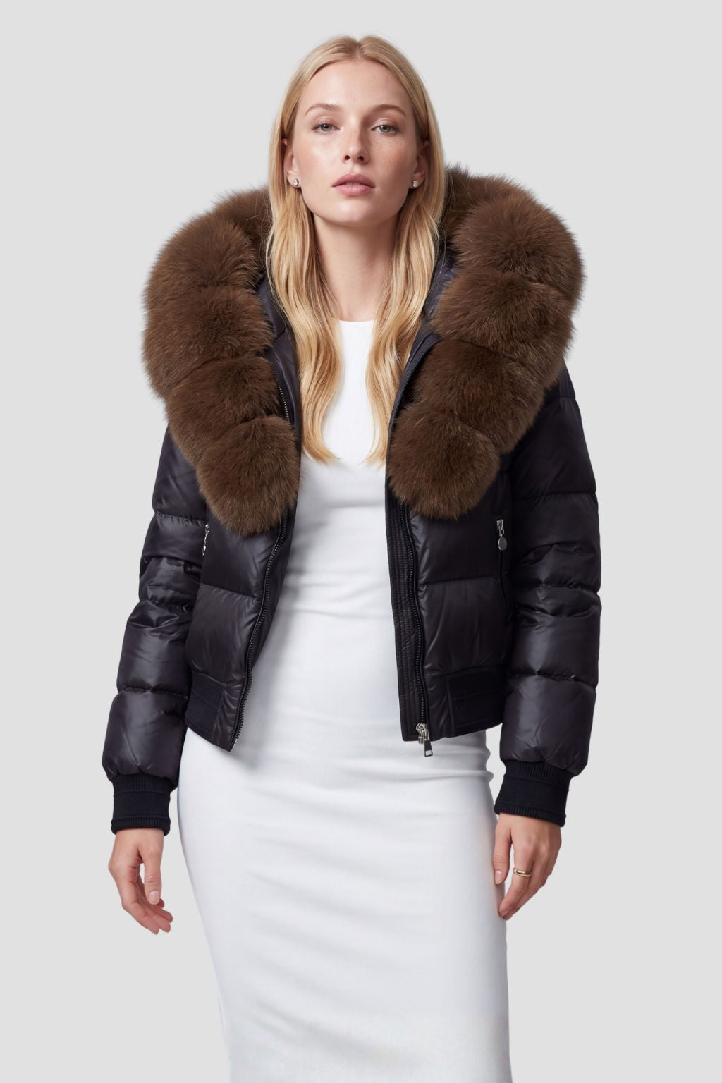 Doudoune à capuche en fourrure femme brun Héritage fourrure