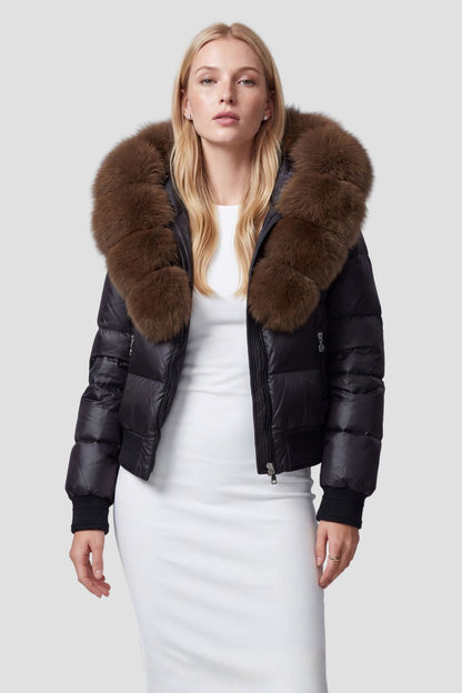 Doudoune à capuche en fourrure femme brun Héritage fourrure