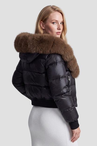 Doudoune à capuche en fourrure femme brun Héritage fourrure