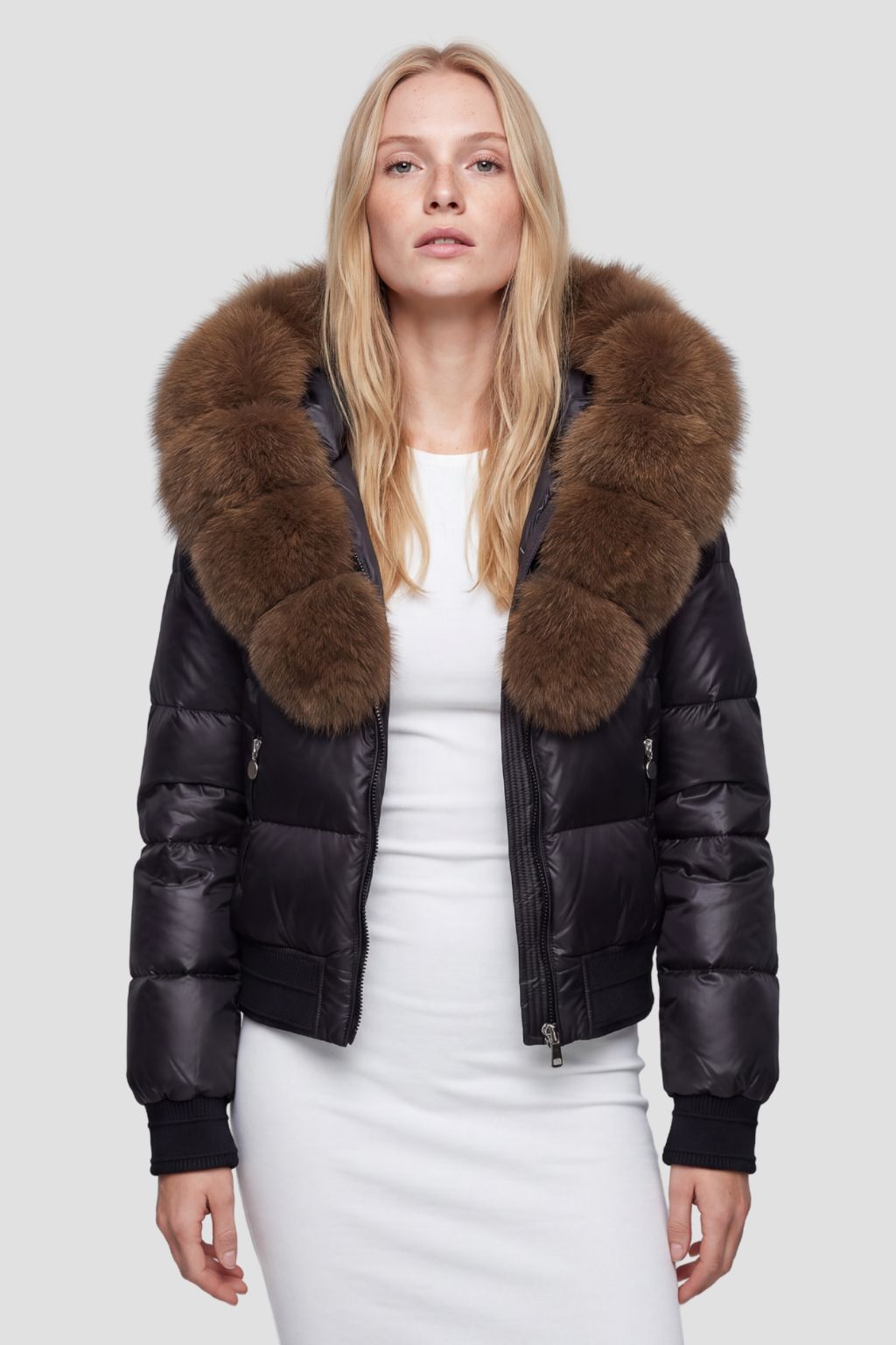 Doudoune à capuche en fourrure femme brun Héritage fourrure