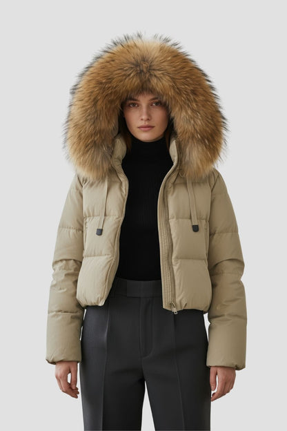 Doudoune à capuche en fourrure femme kaki Héritage fourrure