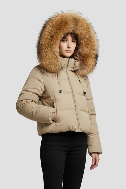 Doudoune à capuche en fourrure femme kaki Héritage fourrure