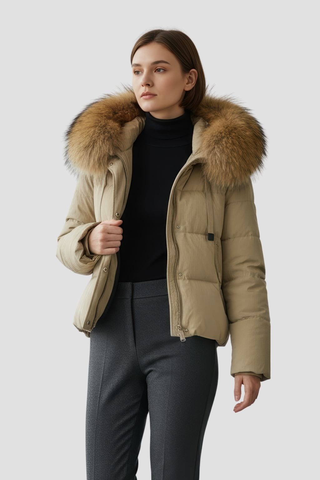 Doudoune à capuche en fourrure femme kaki Héritage fourrure