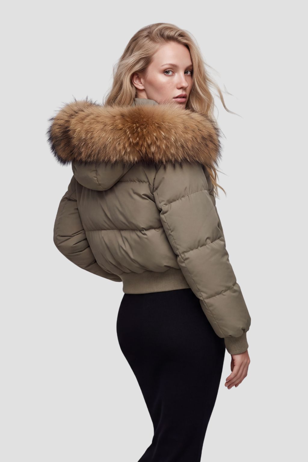 Doudoune à capuche en fourrure femme kaki Héritage fourrure