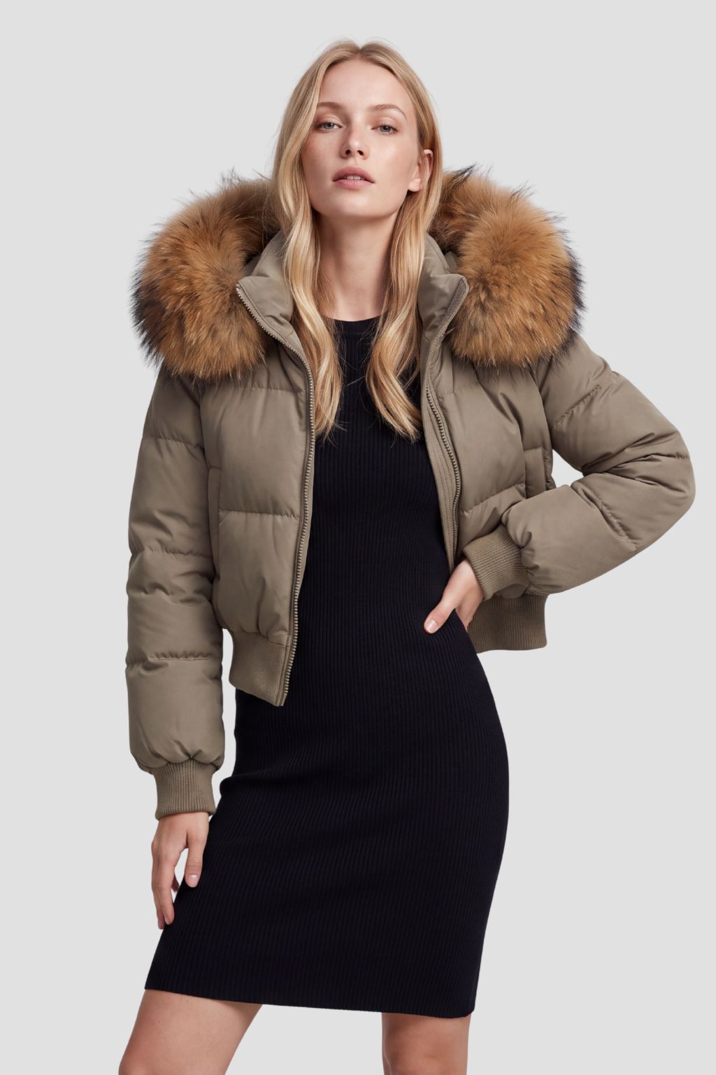 Doudoune à capuche en fourrure femme kaki Héritage fourrure