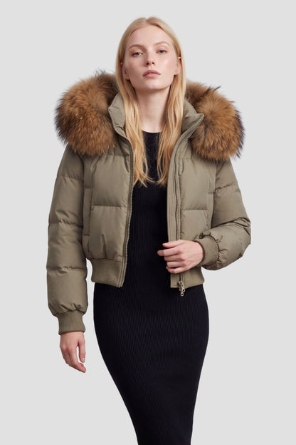 Doudoune à capuche en fourrure femme kaki Héritage fourrure