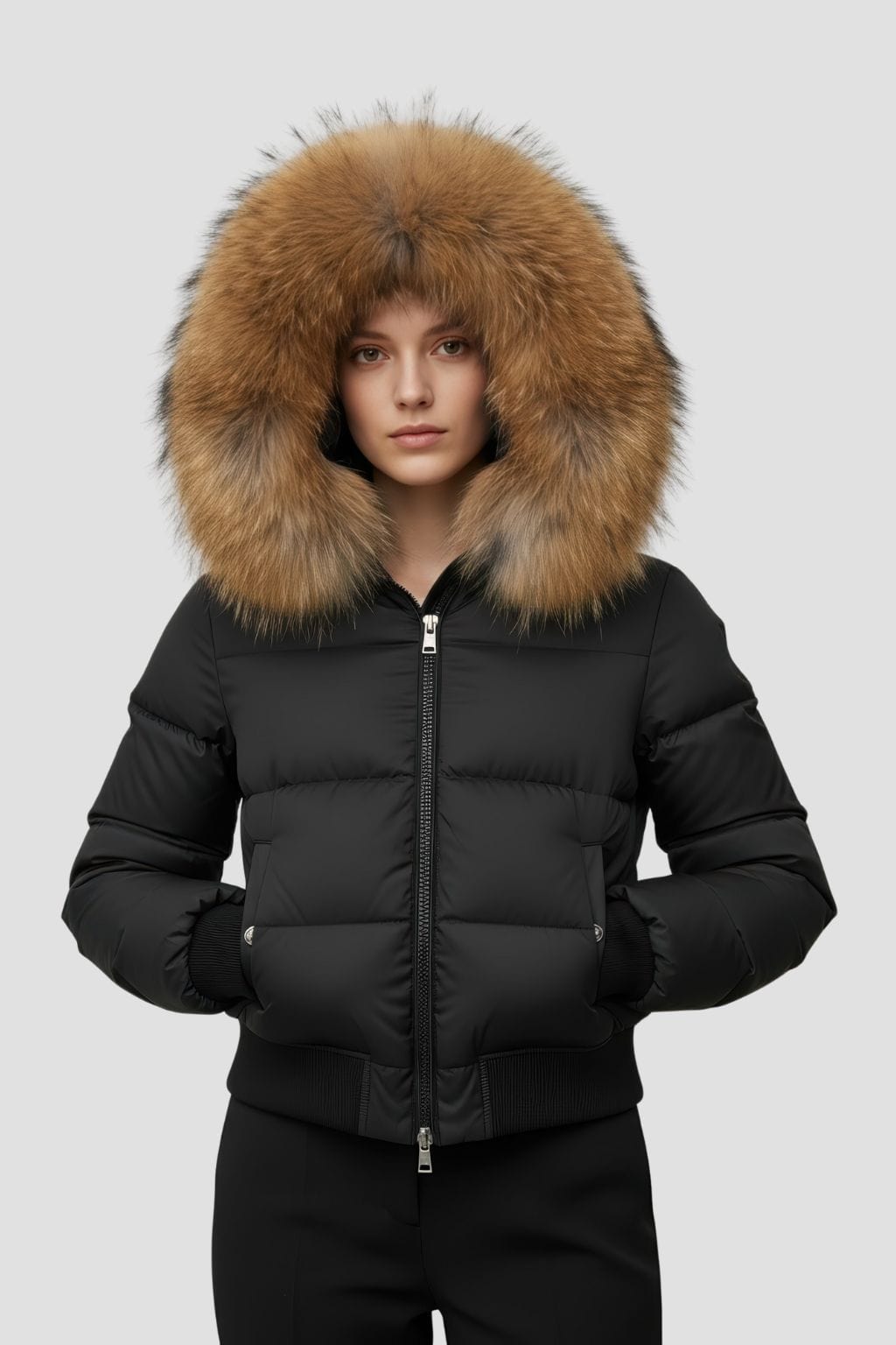 Doudoune à capuche en fourrure femme marron Héritage fourrure