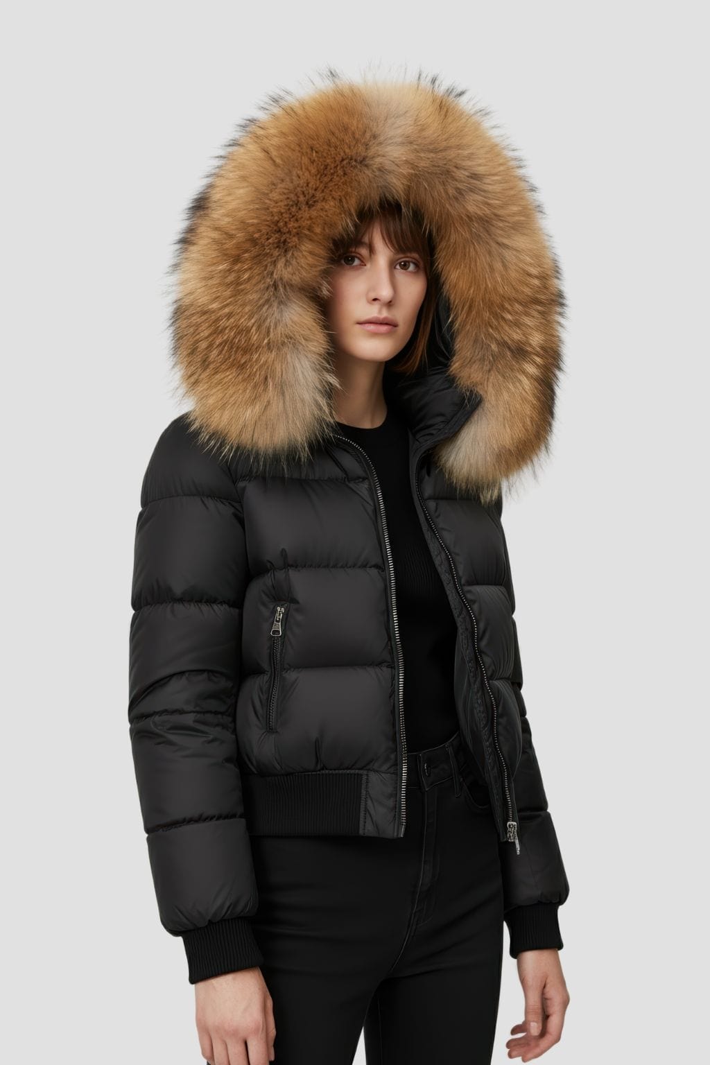 Doudoune à capuche en fourrure femme marron Héritage fourrure