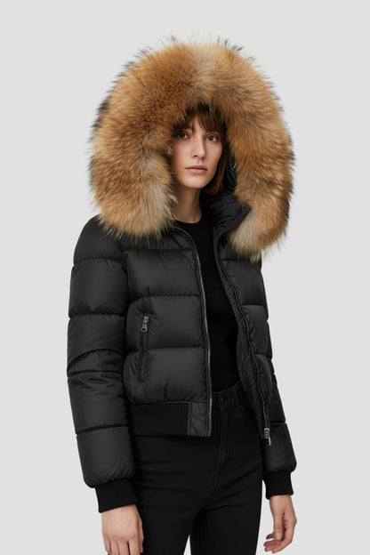 Doudoune à capuche en fourrure femme marron Héritage fourrure