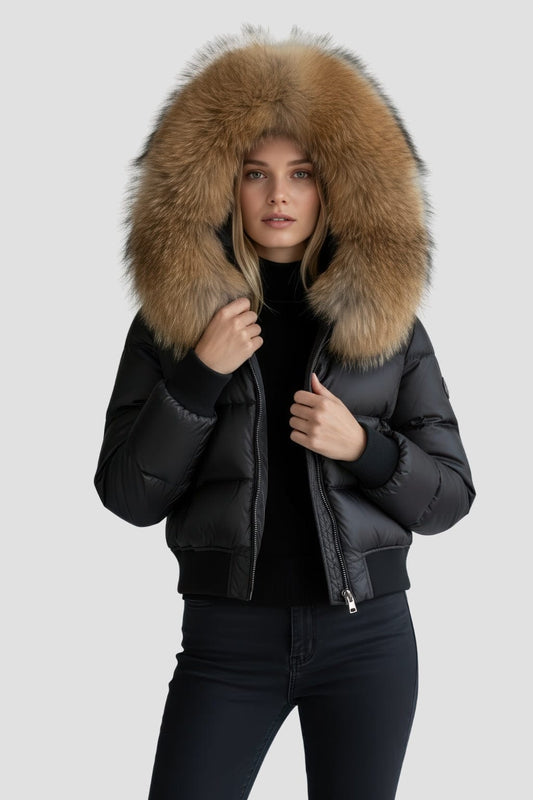 Doudoune à capuche en fourrure femme marron Héritage fourrure