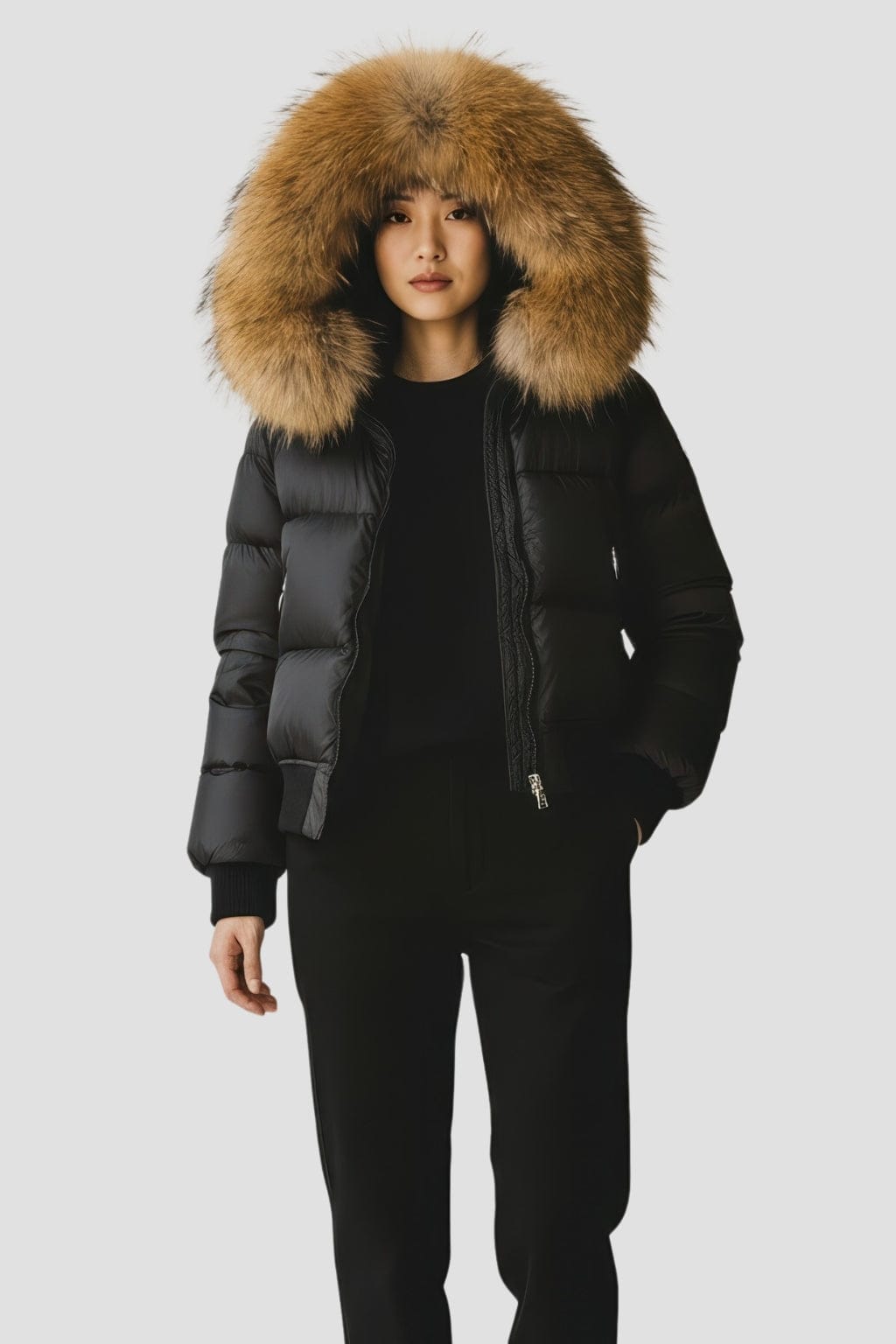 Doudoune à capuche en fourrure femme marron Héritage fourrure