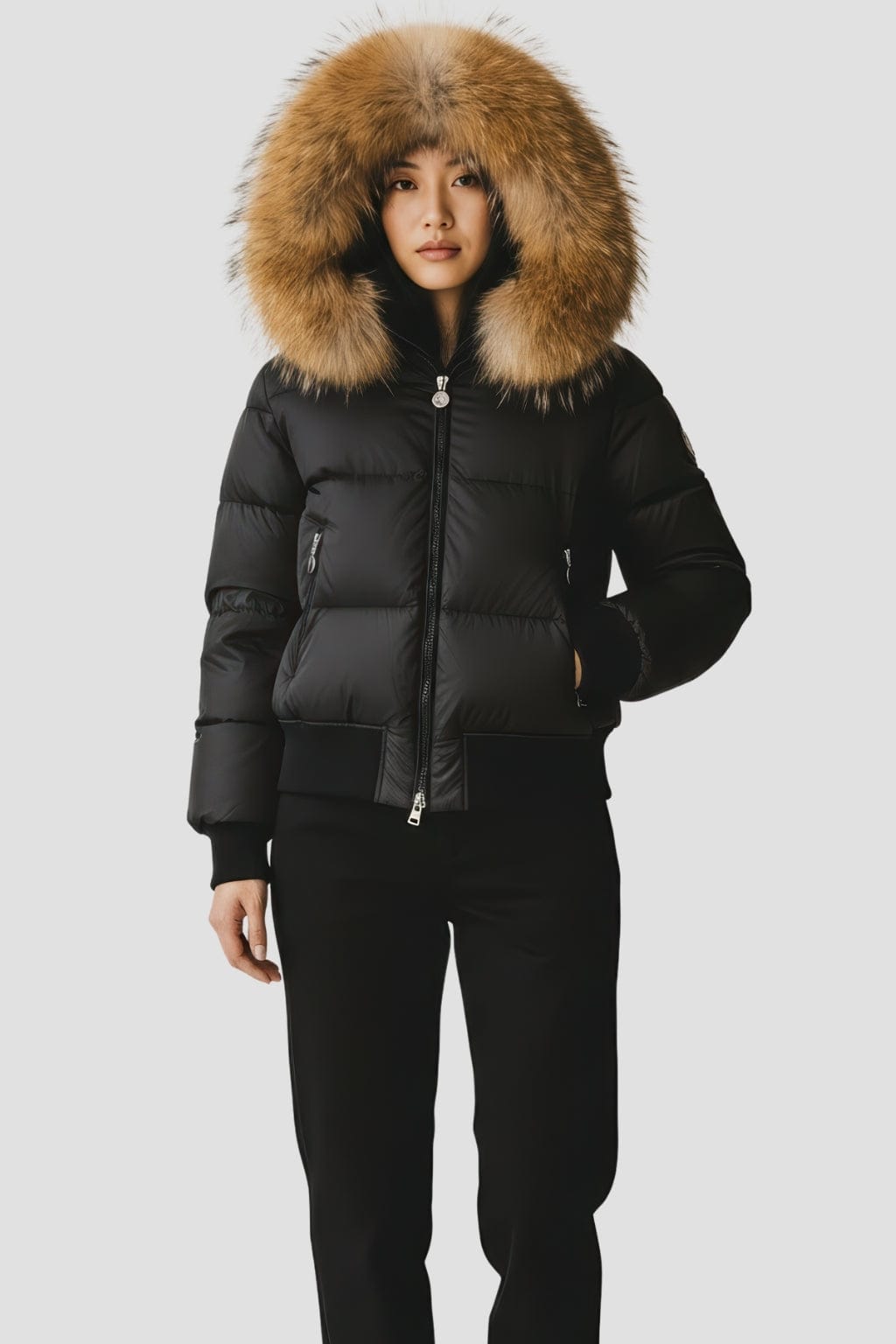 Doudoune à capuche en fourrure femme marron Héritage fourrure