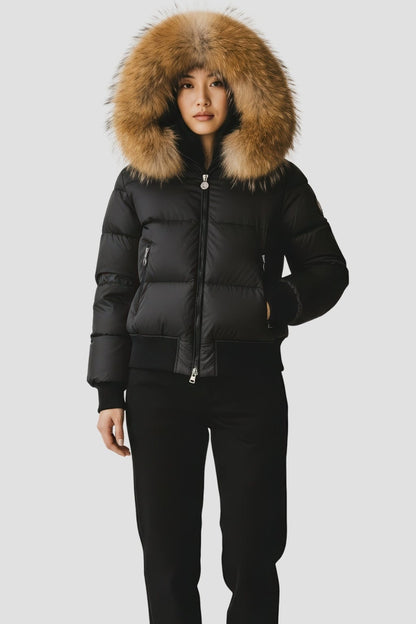 Doudoune à capuche en fourrure femme marron Héritage fourrure