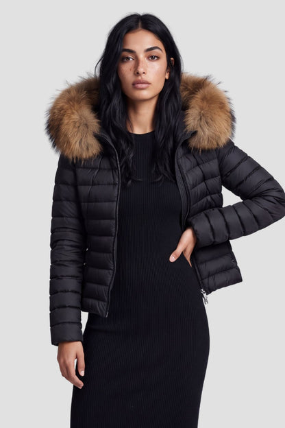 Doudoune à capuche en fourrure femme marron Héritage fourrure