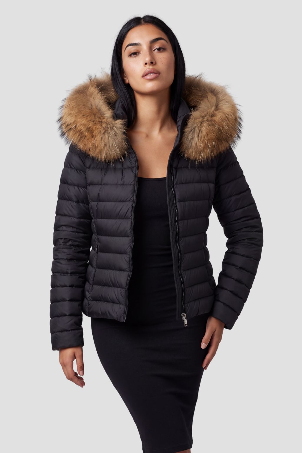 Doudoune à capuche en fourrure femme marron Héritage fourrure