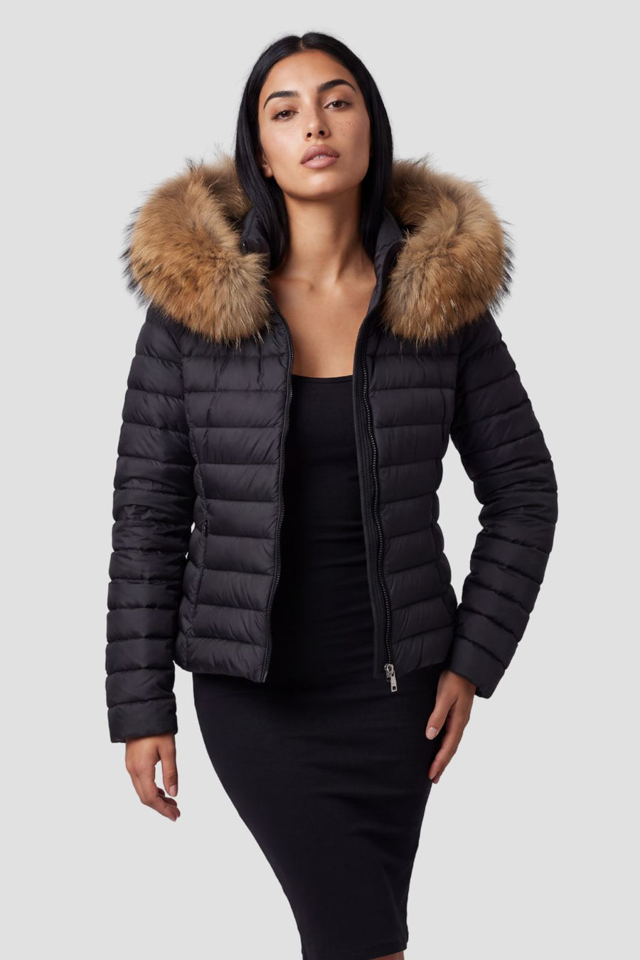 Doudoune à capuche en fourrure femme marron Héritage fourrure