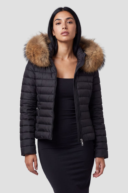 Doudoune à capuche en fourrure femme marron Héritage fourrure