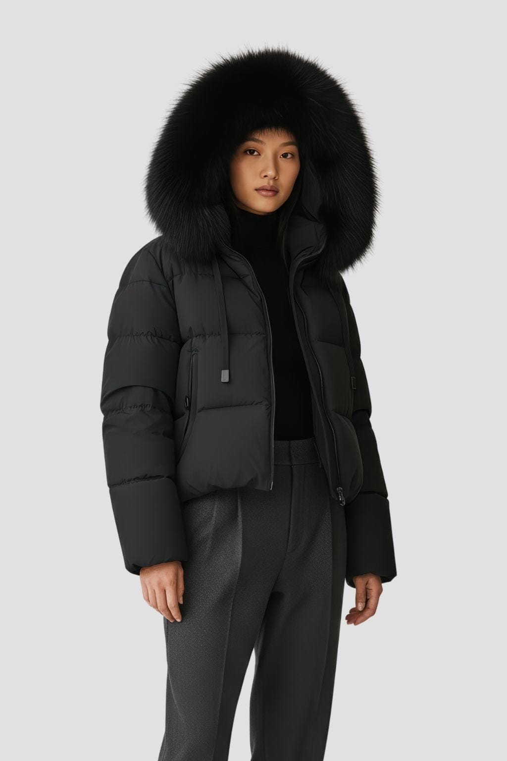 Doudoune à capuche en fourrure femme noire Héritage fourrure
