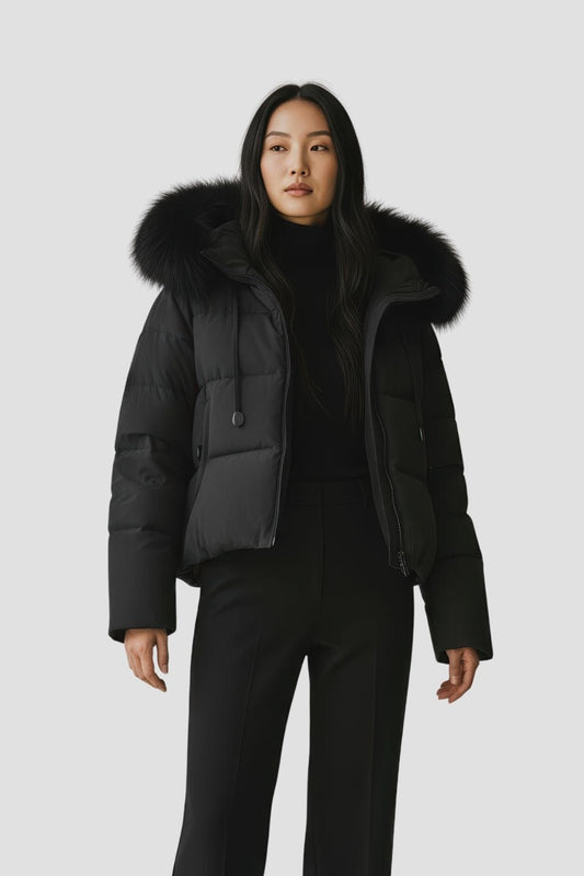 Doudoune à capuche en fourrure femme noire Héritage fourrure