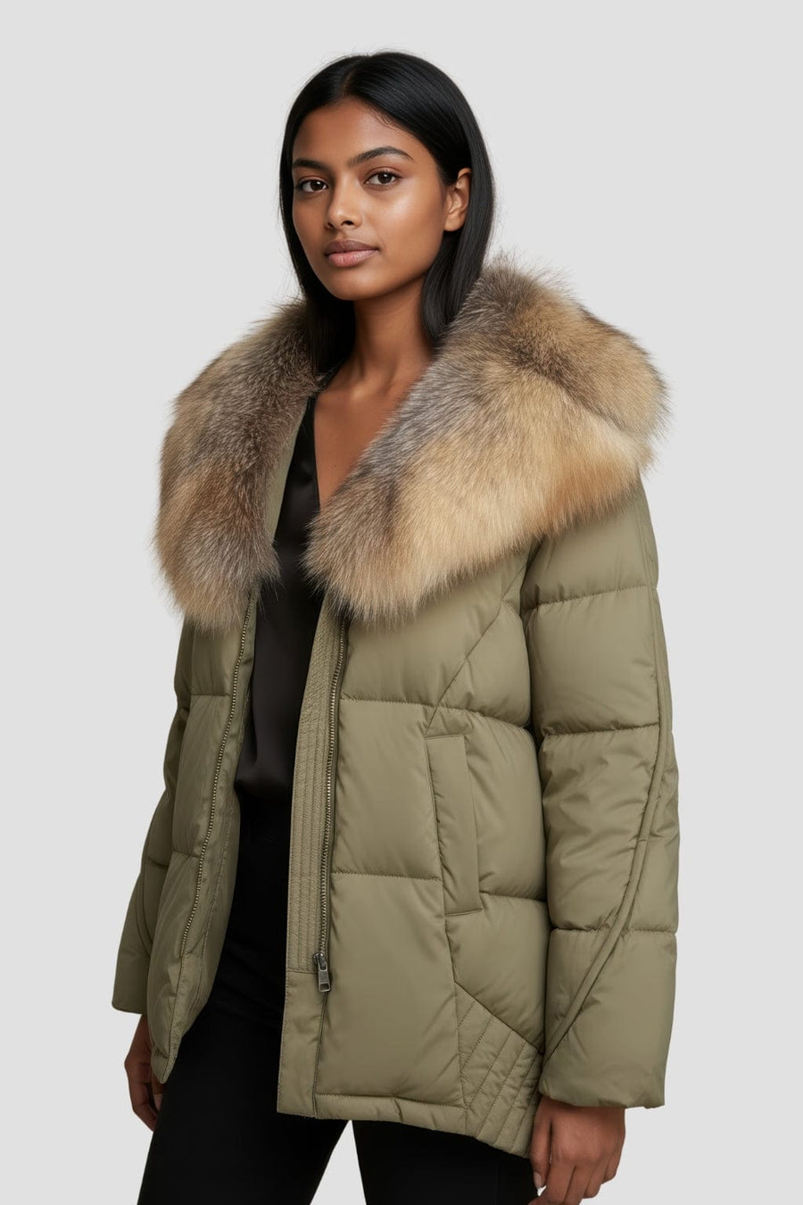 Doudoune à fourrure longue kaki Héritage fourrure