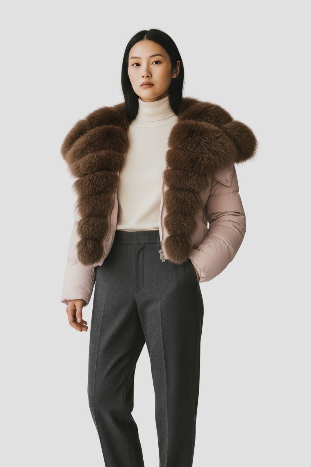 Doudoune col en fourrure femme rose Héritage fourrure