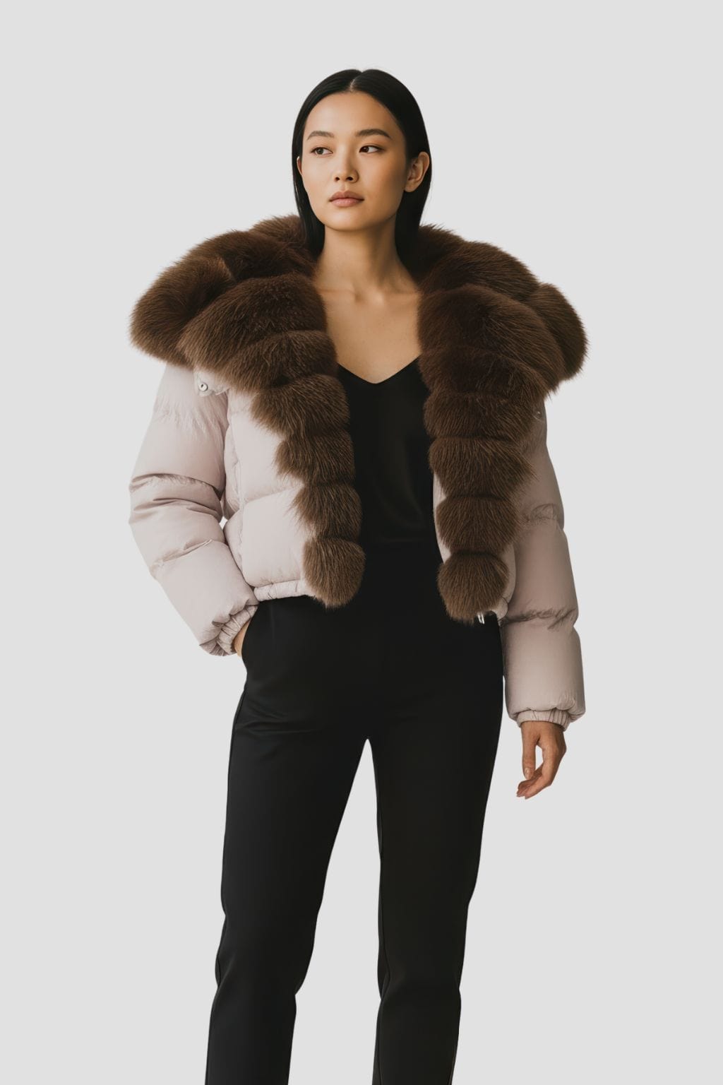 Doudoune col en fourrure femme rose Héritage fourrure