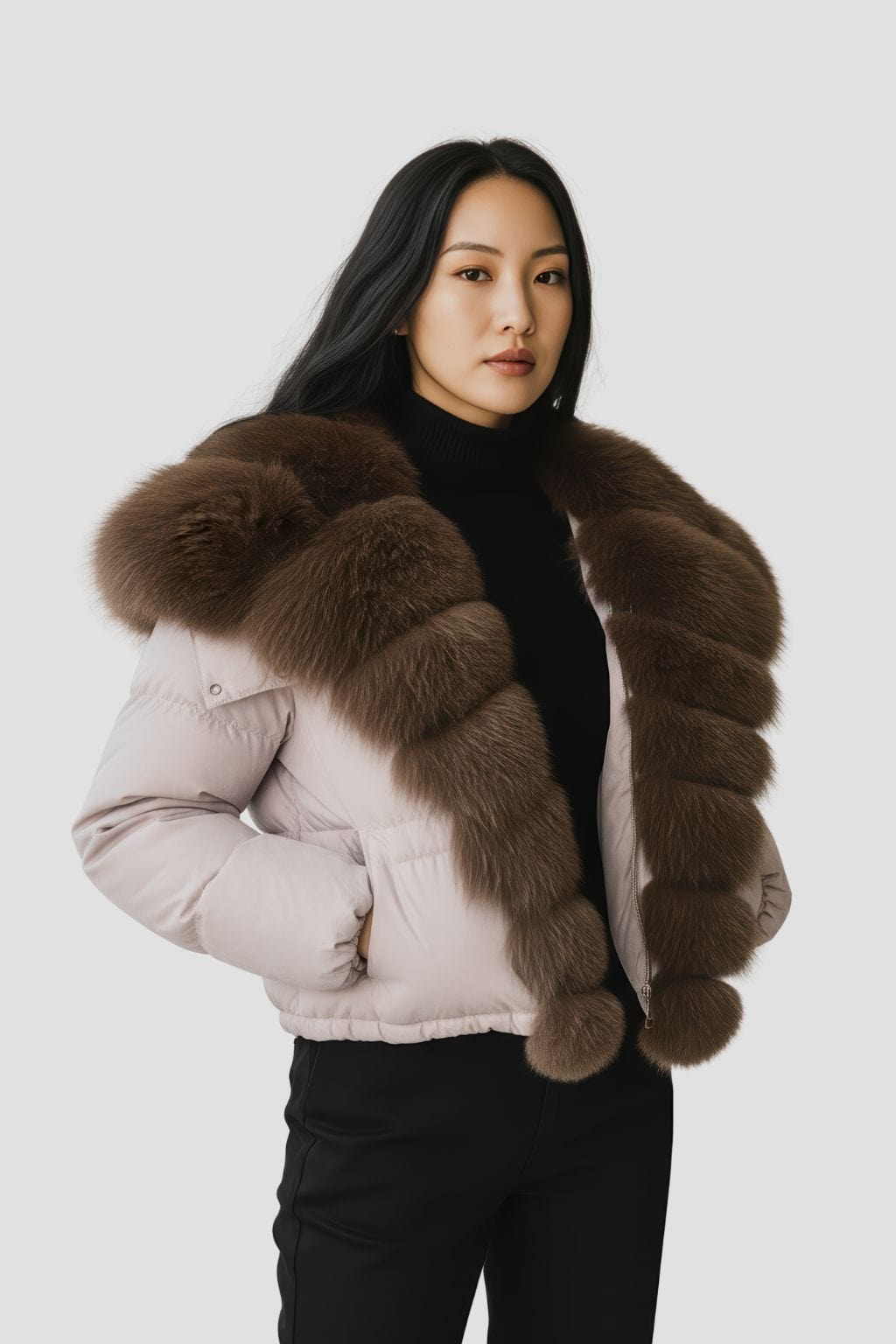 Doudoune col en fourrure femme rose Héritage fourrure