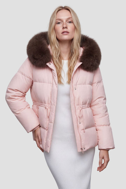 Doudoune col en fourrure femme rose Héritage fourrure