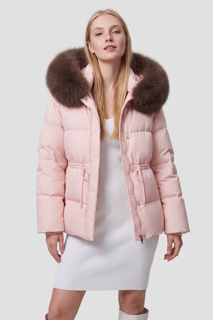 Doudoune col en fourrure femme rose Héritage fourrure