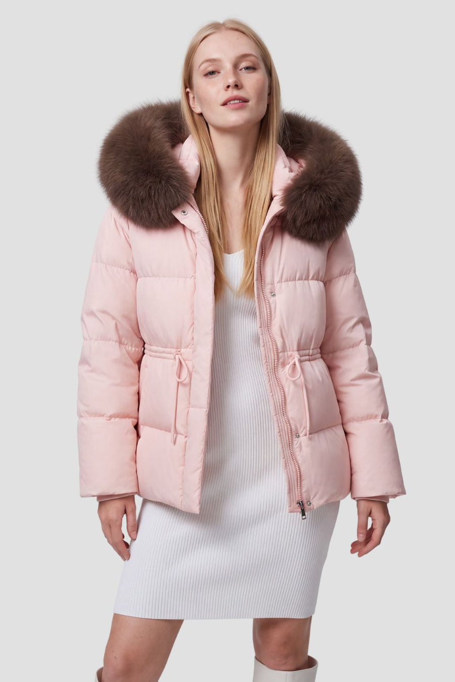 Doudoune col en fourrure femme rose Héritage fourrure