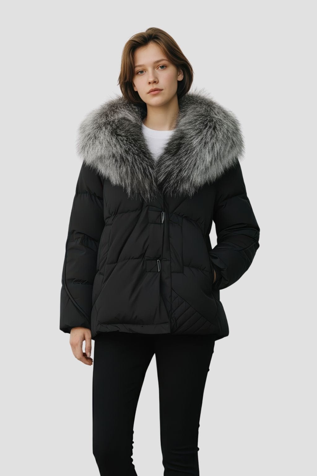 Doudoune col fourrure femme argenté Héritage fourrure