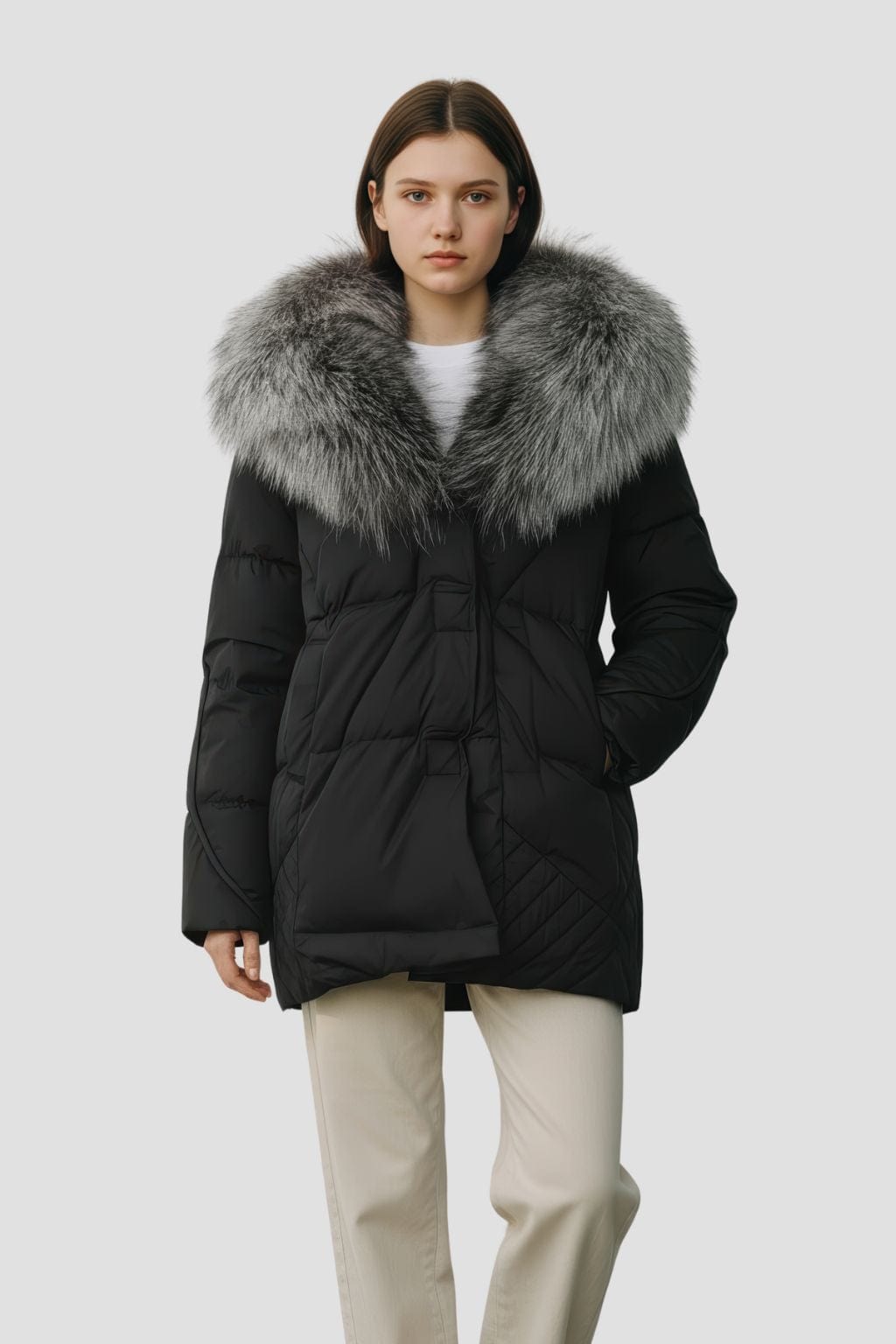 Doudoune col fourrure femme argenté Héritage fourrure