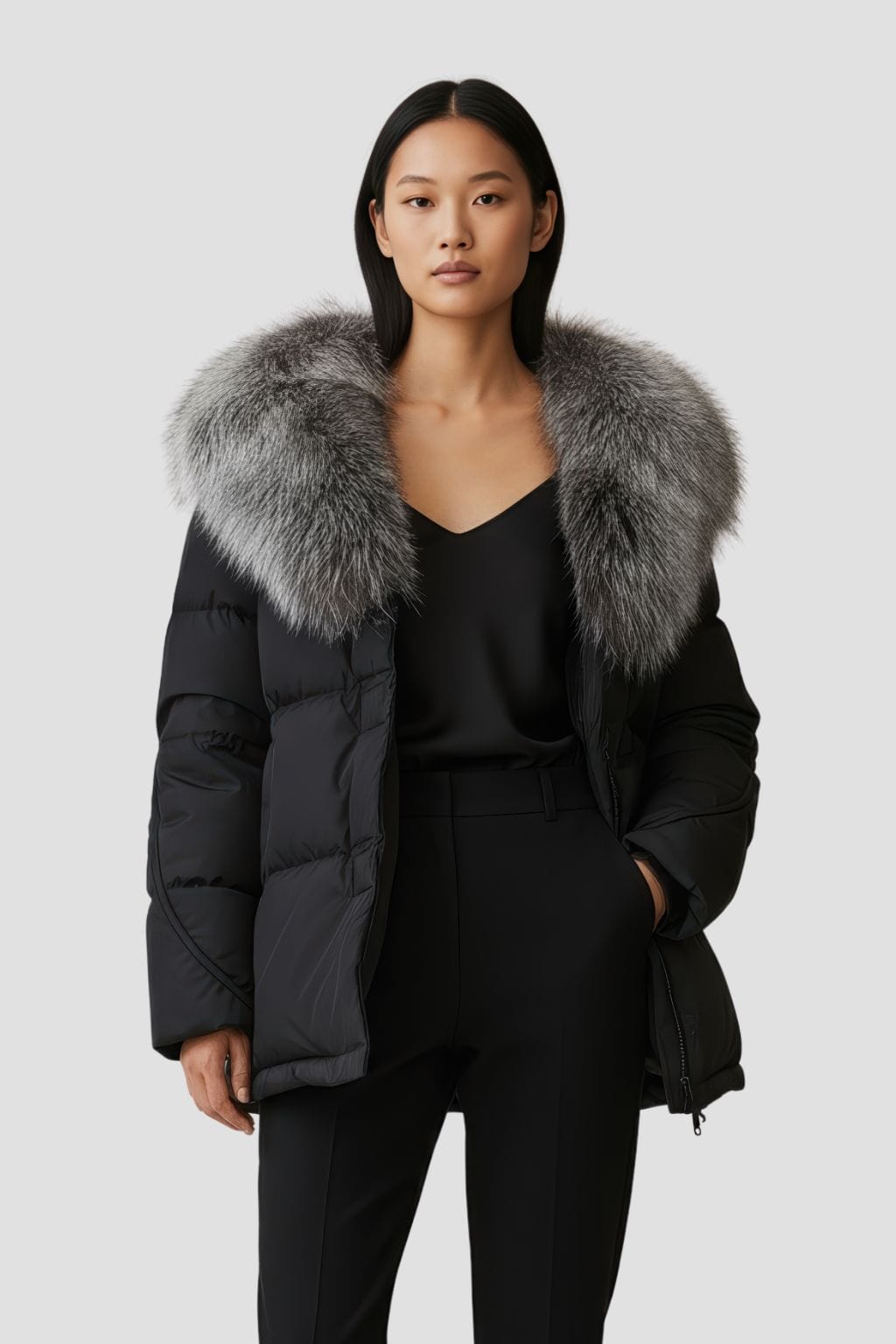 Doudoune col fourrure femme argenté Héritage fourrure