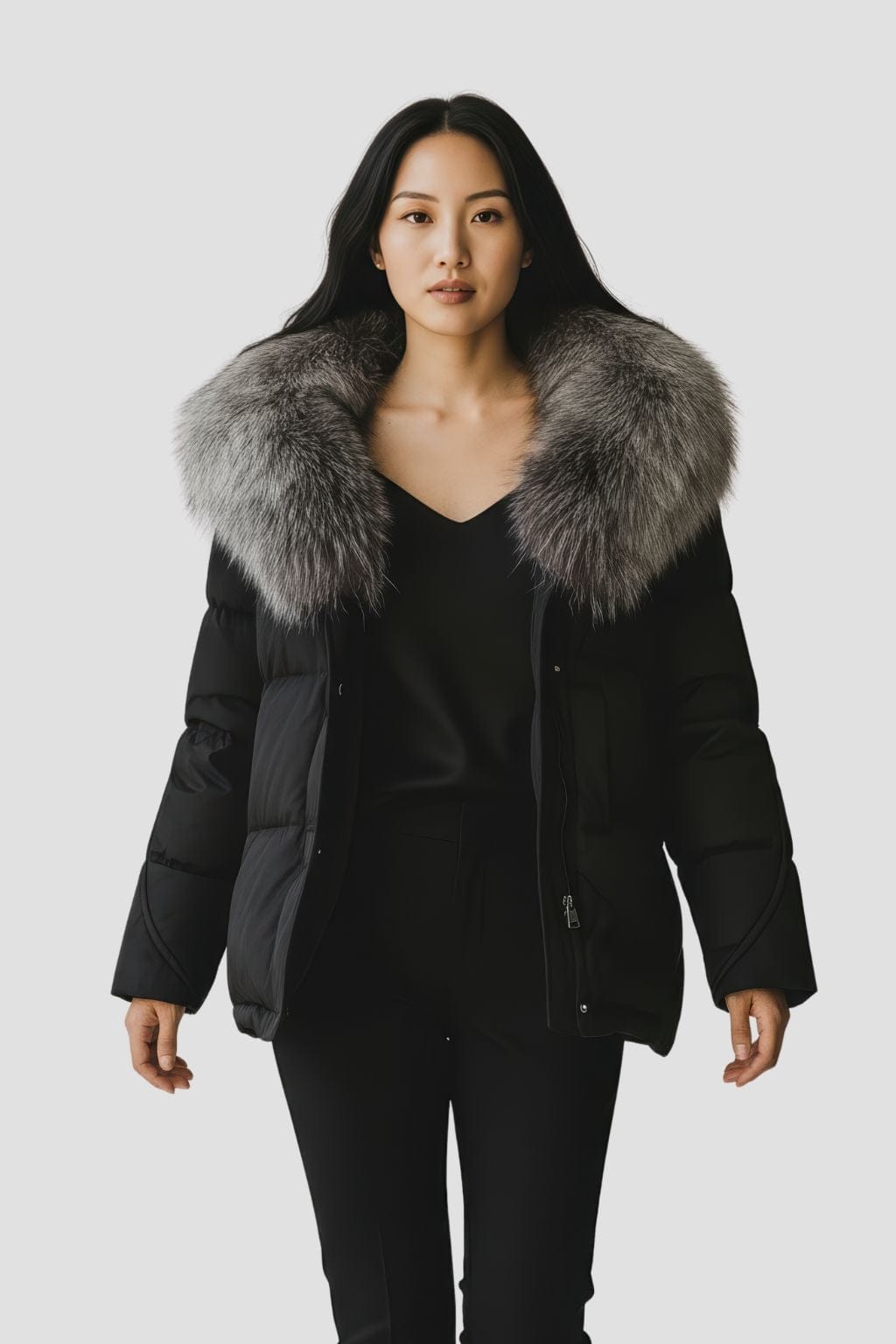 Doudoune col fourrure femme argenté Héritage fourrure