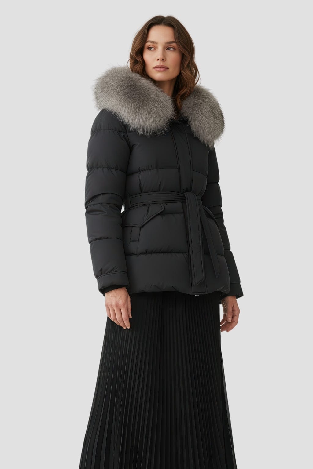 Doudoune col fourrure femme argenté Héritage fourrure