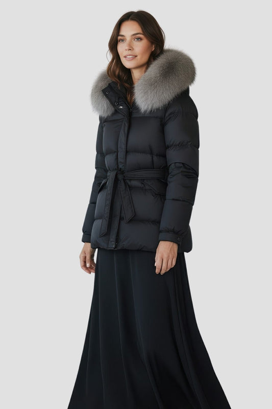 Doudoune col fourrure femme argenté Héritage fourrure