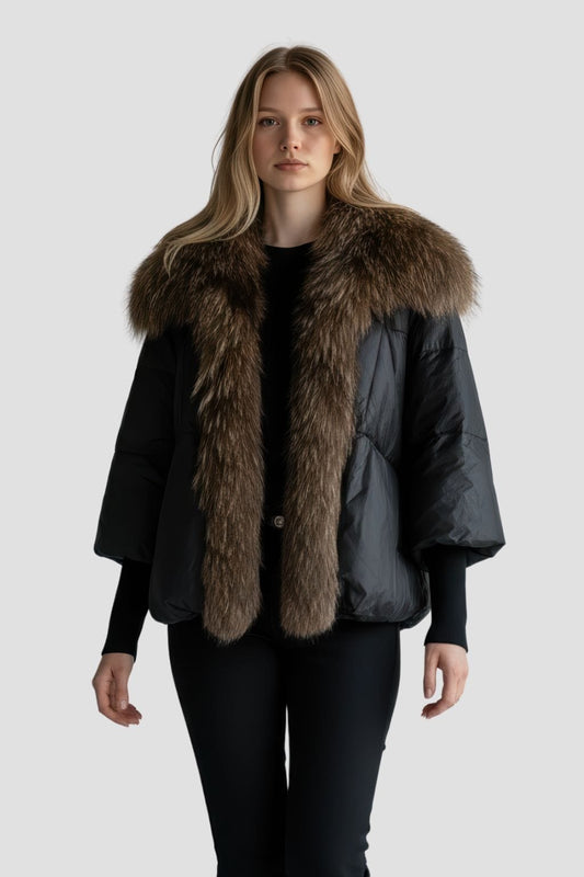 Doudoune col fourrure femme brun Héritage fourrure