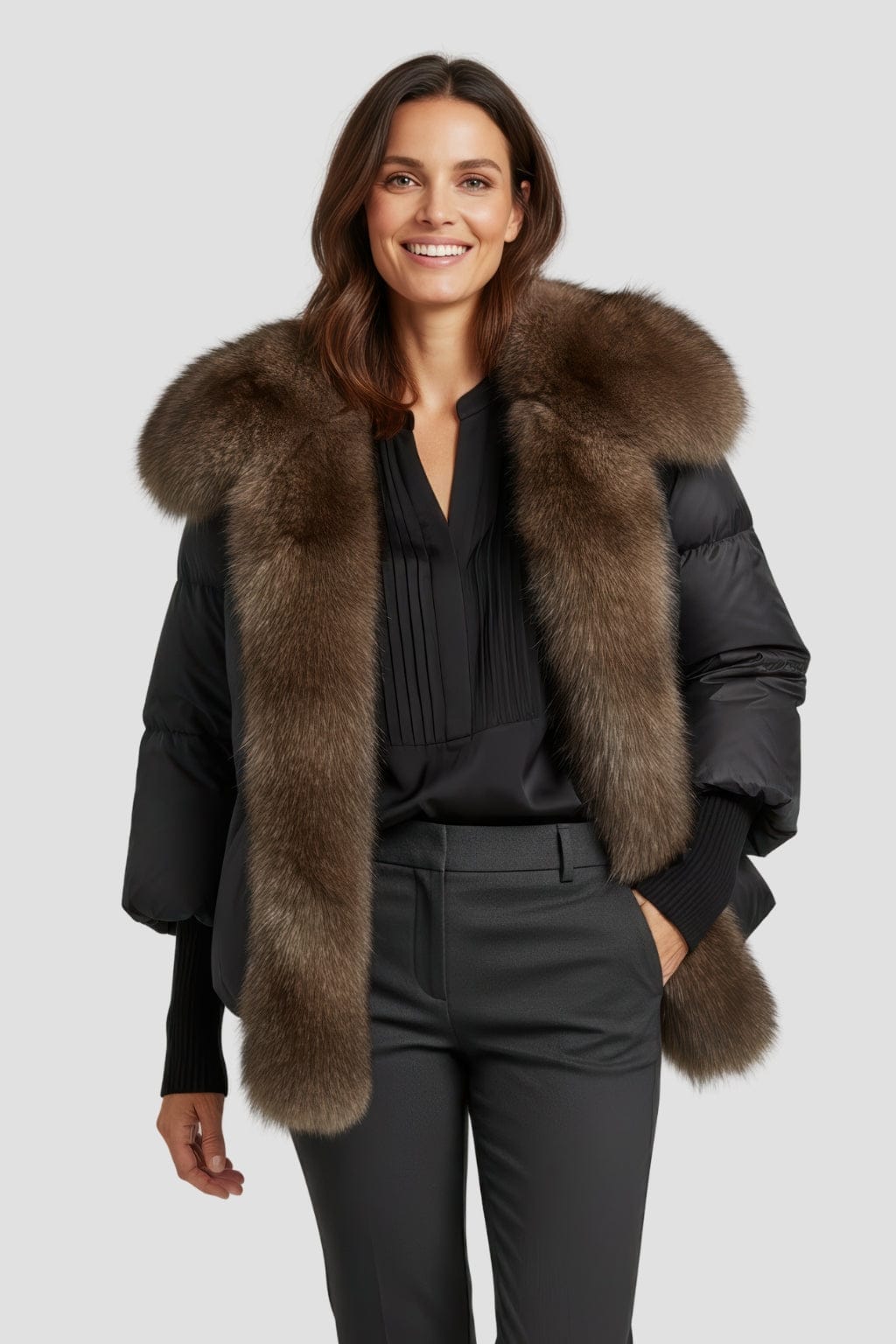 Doudoune col fourrure femme brun Héritage fourrure