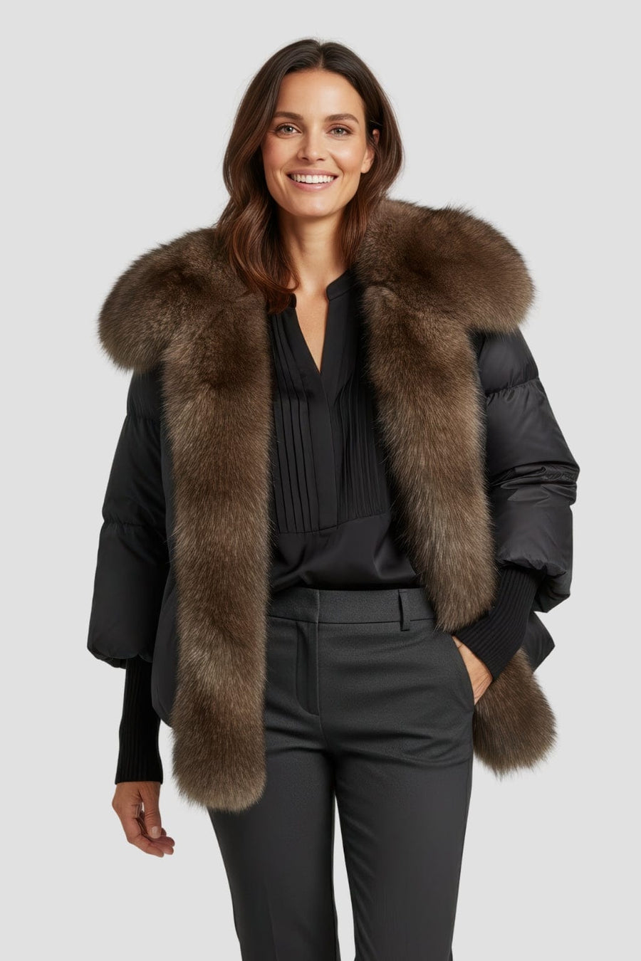 Doudoune col fourrure femme brun Héritage fourrure