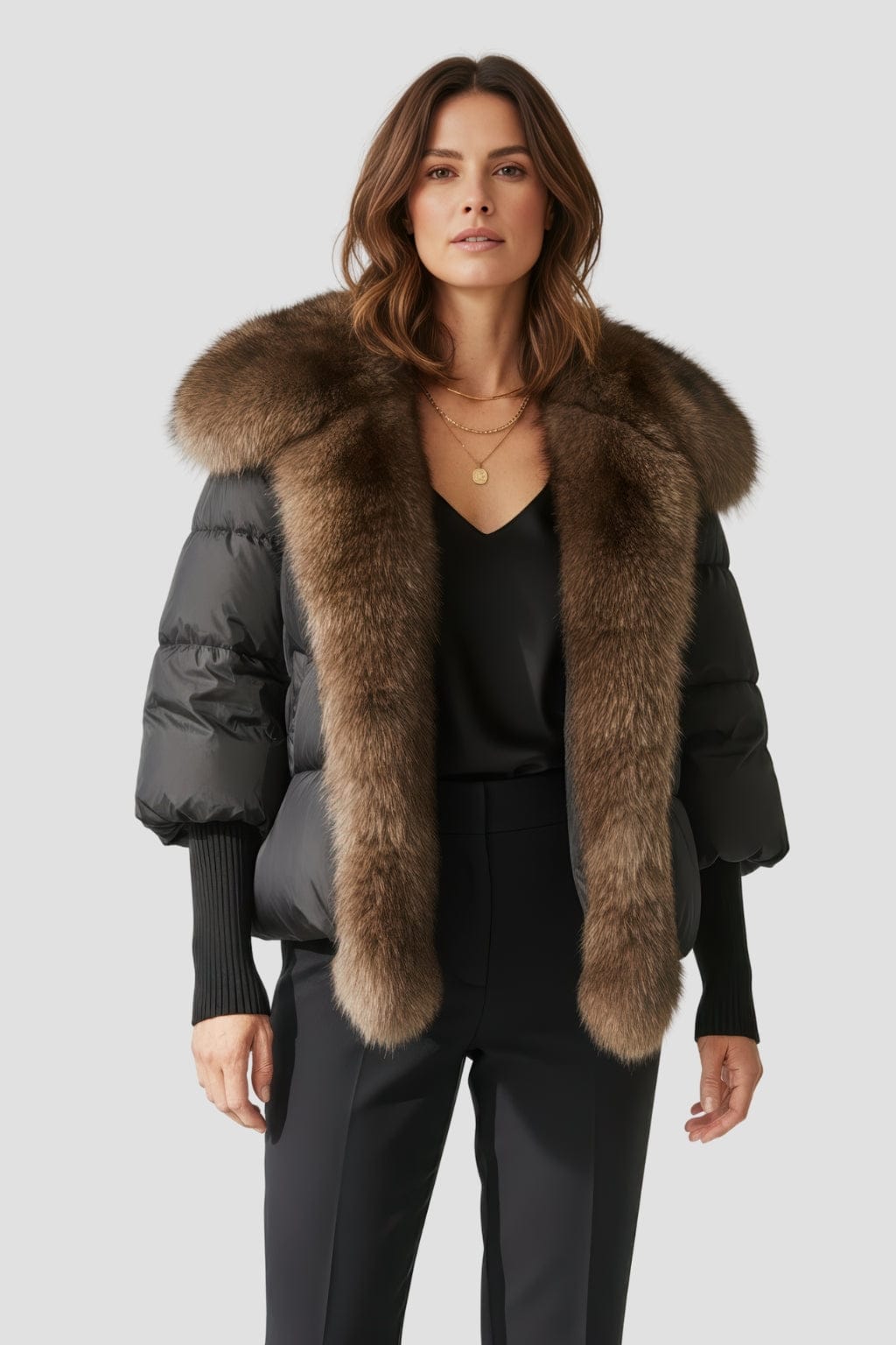 Doudoune col fourrure femme brun Héritage fourrure