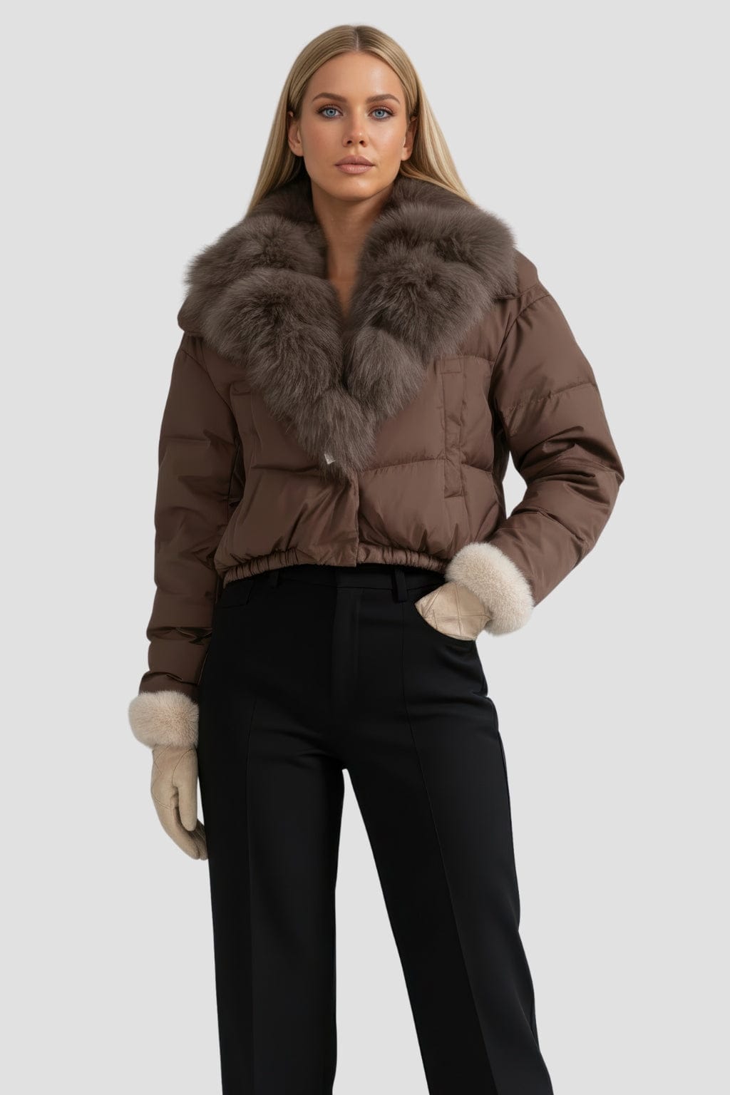 Doudoune col fourrure femme brun Héritage fourrure