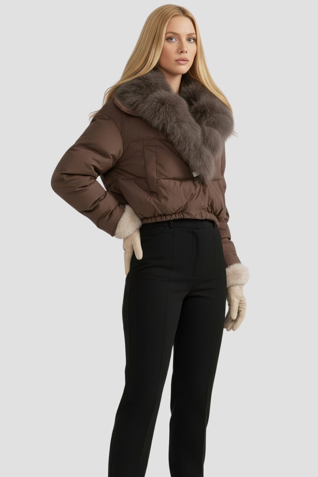 Doudoune col fourrure femme brun Héritage fourrure