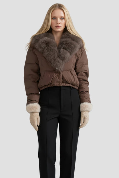 Doudoune col fourrure femme brun Héritage fourrure
