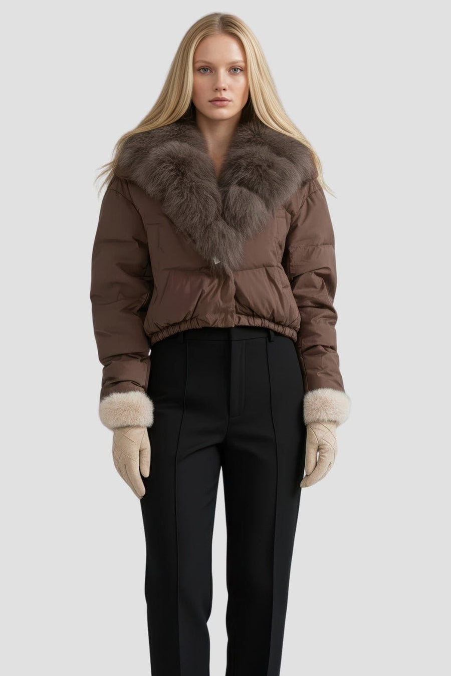 Doudoune col fourrure femme brun Héritage fourrure